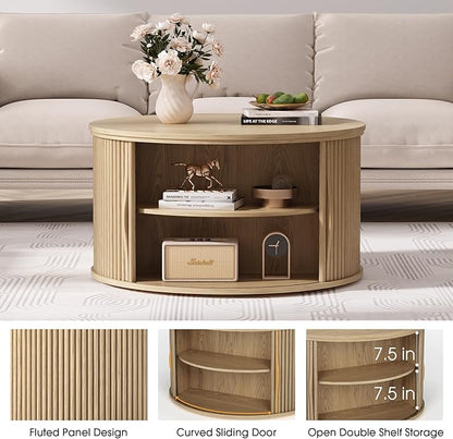 31.5" Round Lift Top Coffee Table,Natural Oak Modern Fluted Drum Center Table with Hidden Storage, Japandi Scandi Wood Circle Desk for Boho Living Room & Apartment
