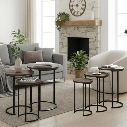 Lavish Home 6-Piece Nesting Tables – Set of 6 Round Side Tables with Woodgrain-Look Tops and Black Metal Frames – Modern Accent & End Table Set for Living Room, Bedroom, or Home Office (Gray/Brown)