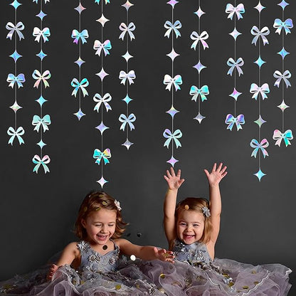 Iridescent Bow Decorations Holographic Paper Star Bow Hanging Garland Streamer Banner for Coquette Birthday Bachelorette Wedding Bridal Shower Engagement Anniversary Hen Party Decorations Supplies