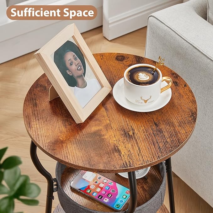 Small Round Side Table with Storage Bag, 3-Tier Accent Round End Table with Storage Shelves for Living Room, 21.6" H Vintage Small Corner Table for Smalls Spaces (D - 15.8 in Rustic Brown)