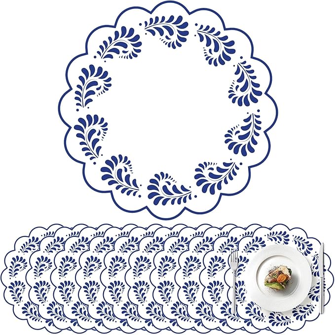 100 Pcs Talavera Paper Placemats 13.5 Inches Scalloped Cantaritos De Barro Mexicanos Paper Placemats Disposable Blue and White Party Decorations for Mexican Wedding Baby Shower Party Decor