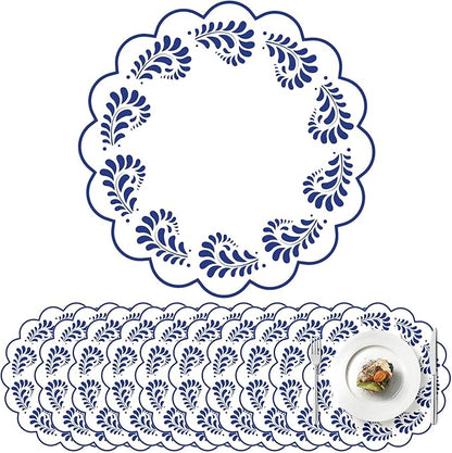 100 Pcs Talavera Paper Placemats 13.5 Inches Scalloped Cantaritos De Barro Mexicanos Paper Placemats Disposable Blue and White Party Decorations for Mexican Wedding Baby Shower Party Decor