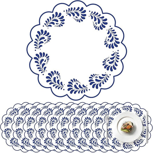 100 Pcs Talavera Paper Placemats 13.5 Inches Scalloped Cantaritos De Barro Mexicanos Paper Placemats Disposable Blue and White Party Decorations for Mexican Wedding Baby Shower Party Decor