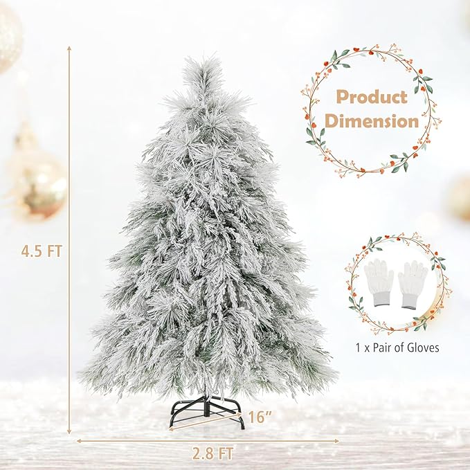 GOFLAME 4.5ft Pre-Lit Christmas Tree Snow Flocked, Hinged Artificial Xmas Tree with 279 Branch Tips, 150 Warm White LED Lights, Willow Leaves, Holiday Decoration Tree for Home Office Party