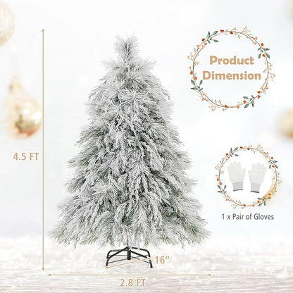 GOFLAME 4.5ft Pre-Lit Christmas Tree Snow Flocked, Hinged Artificial Xmas Tree with 279 Branch Tips, 150 Warm White LED Lights, Willow Leaves, Holiday Decoration Tree for Home Office Party