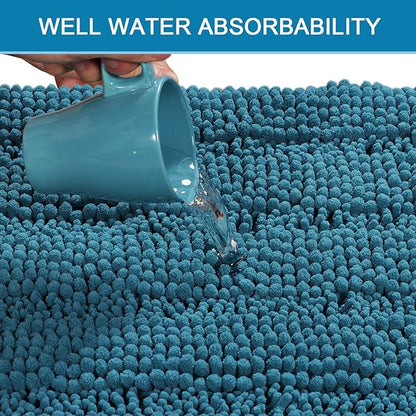 H.VERSAILTEX Bath Rugs for Bathroom Non Slip Bath Mats Extra Thick Chenille Striped Bath Rug Runners 47" x 17" Absorbent Fluffy Soft Shaggy Mats Plush Area Carpet for Bath Room - Turquoise Blue