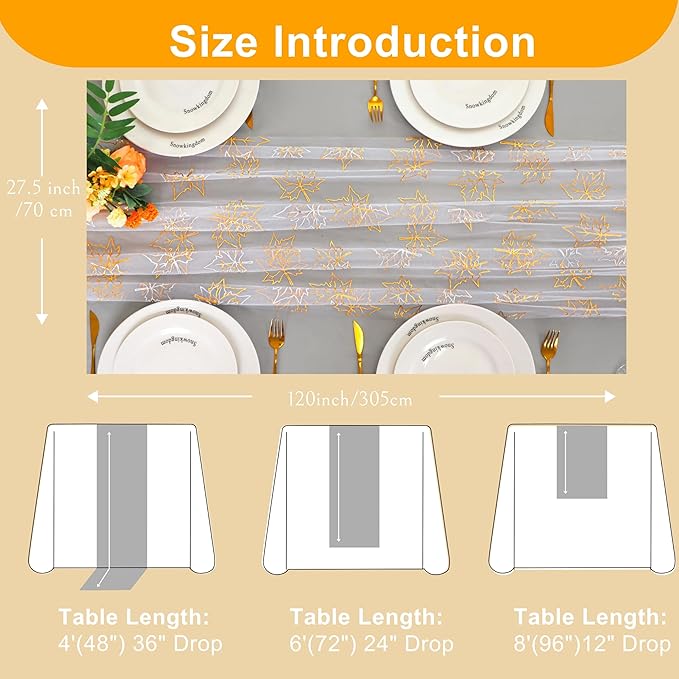 Snowkingdom 10ft Fall Table Runner, Gold Maple Leaves Thanksgiving Table Decorations, White Gauze Chiffon Sheer Cheesecloth Runner for Autumn Harvest Glitter Sparkle Dining Party Decor 120 Inches