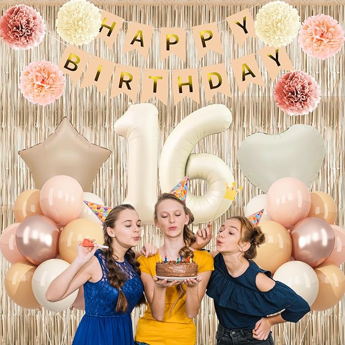 Beige 16th Birthday Decorations Girls Boys Cream Number 16 Balloon Nude Gold Happy Birthday Banner Fringe Curtain Paper Pom Poms Blush White Sand Champagne Star Foil Balloons Neutral Boho Party Decor