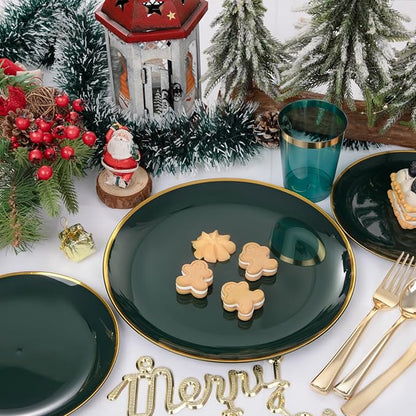LIYH 180 Pcs Green and Gold Plastic Christmas Plates - Disposable Christmas Dinnerware sets, Green Dinner Dessert Plates, Gold Plastic Silverware Cups for Holiday, Party
