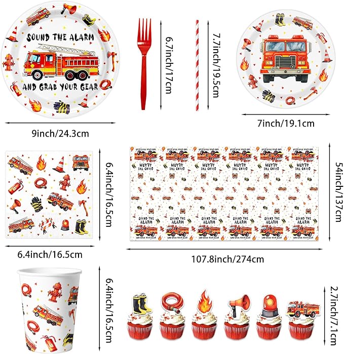 Fire Truck Party Supplies Firetruck Birthday Decorations Firefighter Disposable Plates Napkins Set, Banner, Hanging Swirls, Tablecloth, Cake Topper, Balloon, Fireman Honeycomb Centerpieces