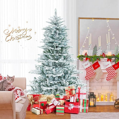 GOFLAME 6FT Pre-Lit Christmas Tree Snow Flocked, Hinged Artificial Xmas Tree with 661 Branch Tips, 500 Cold White LED Lights, 3 Lighting Modes, Timer, Remote, Holiday Decoration Tree for Home Party