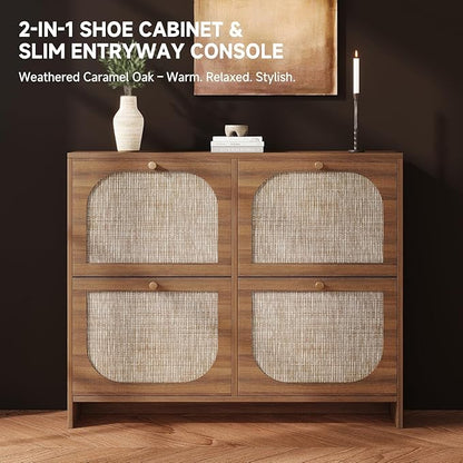 Nicetree Freestanding Ultra Slim Arched Rattan Accent Shoe Storage Cabinet for Entryway - 4 Flip Drawers & 3-Tier Adjustable Shelves, Farmhouse Modern Rustic Shoe Rack for Hallway, Foyer Oak