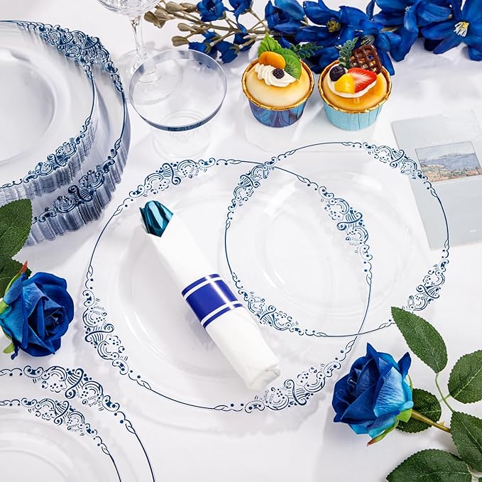 Hioasis 175pcs Clear Blue Plastic Plates - Elegant Disposable Dinnerware Set Suitable for 25 Guests Include 10.25" Dinner & 7.5" Dessert Plates, Pre Rolled Silverware Set, Cups for Party & Christmas