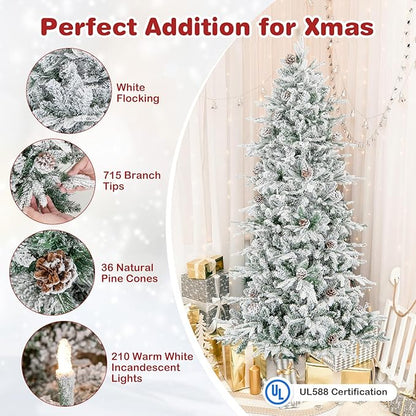 GOFLAME 6FT Pre-Lit Christmas Tree Snow Flocked, Hinged Artificial Xmas Tree with 715 Branch Tips, 36 Natural Pine Cones & 210 Warm White Incandescent Lights, Holiday Decoration Tree for Home Office