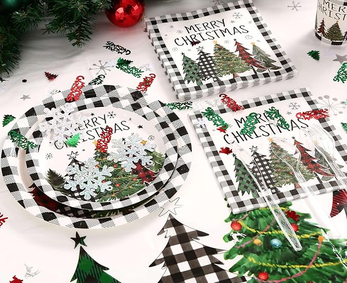 Christmas Plates Disposable Party Set with Plates and Napkins, Cups, Tablecloth Kit Serves 24 Guests, Christmas Tree Pattern Disposable Dinnerware Set for Xmas Holiday Party Disposable Supplie