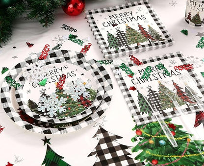 Christmas Plates Disposable Party Set with Plates and Napkins, Cups, Tablecloth Kit Serves 24 Guests, Christmas Tree Pattern Disposable Dinnerware Set for Xmas Holiday Party Disposable Supplie