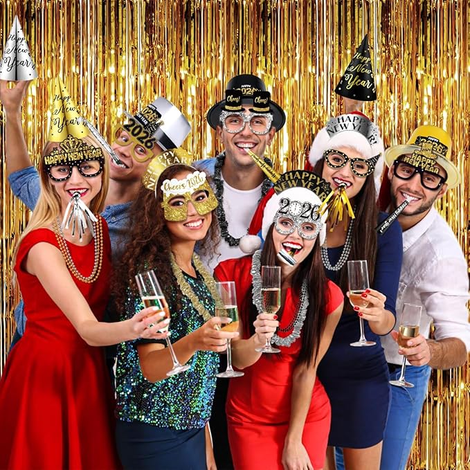 MOVINPE 2026 New Years Eve Party Supplies Bulk - Gold Black Slivery Top Hats, Cone Hats, Tiara, Glasses, Bead Necklace, Leis, Horns, Blowouts, Noiese Makers, New Year's Party Favors Event Supplies