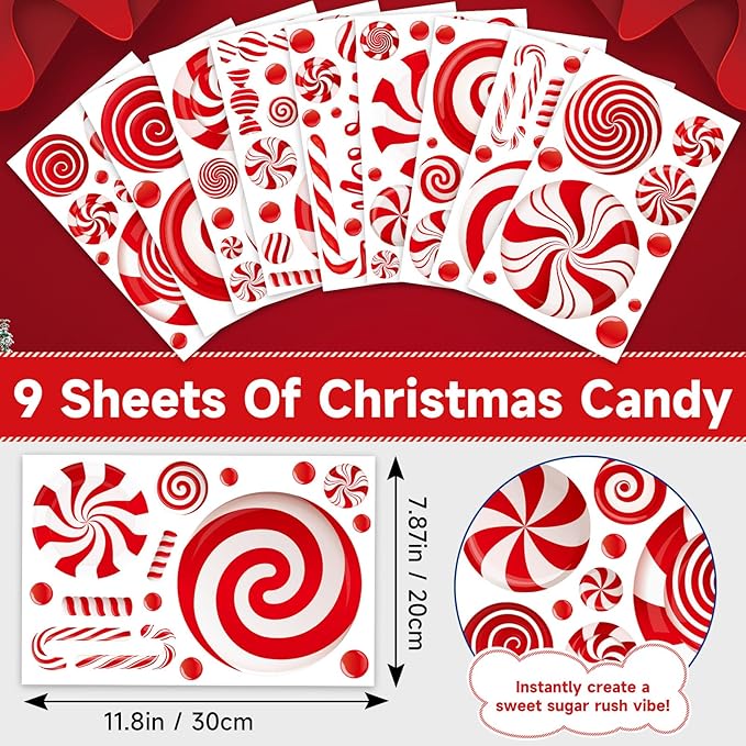 9 Sheets Christmas Window Clings, Candy Cane Christmas Decorations, Candyland Decal Stickers Decor for Home & Office