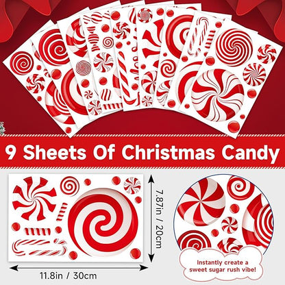 9 Sheets Christmas Window Clings, Candy Cane Christmas Decorations, Candyland Decal Stickers Decor for Home & Office