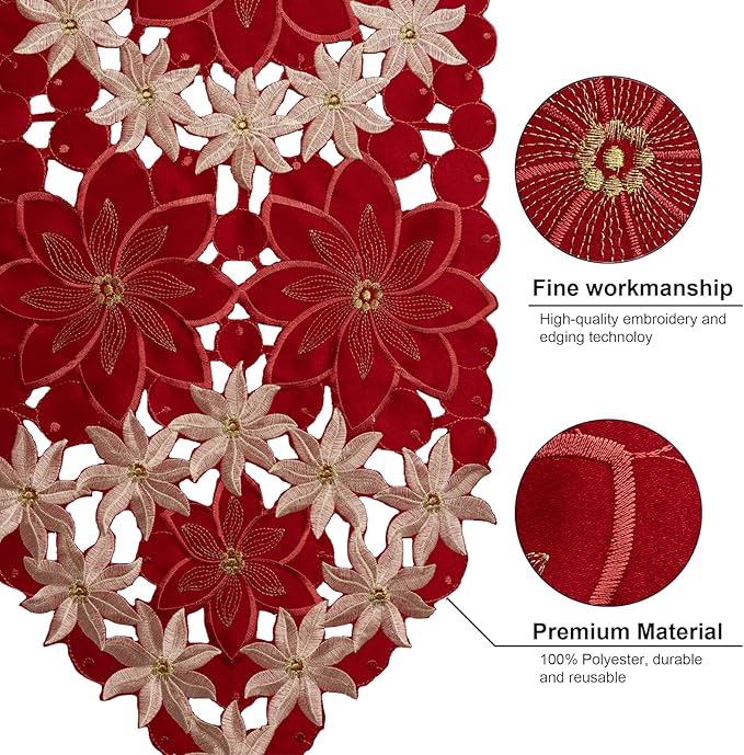 Joyfol Day Christmas Embroidered Table Runner 14 x 69 Inch, Cutwork Red Gold Poinsettia Table Runners, Winter Holiday Flowers Table Linens for Xmas Party Decorations
