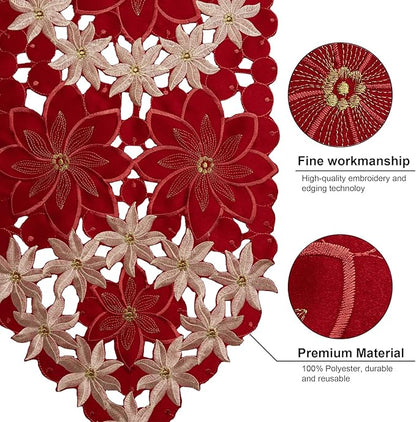 Joyfol Day Christmas Embroidered Table Runner 14 x 69 Inch, Cutwork Red Gold Poinsettia Table Runners, Winter Holiday Flowers Table Linens for Xmas Party Decorations