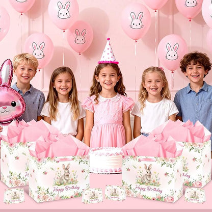Rabbit Bunny Birthday Party Decorations Bunny Birthday Gift Bag Large Pink Floral Rabbit Gift Bag with Handle Tissue Paper Greeting Card for Girls Women Kids Christmas Baby Shower Party Supplies
