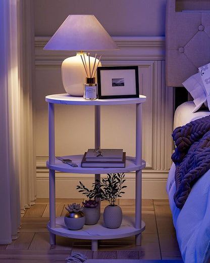 Small Round Side Table - 3-Tier Oval Accent Table for Small Spaces, Rustic Wood and Metal Couch End Table, Nightstand for Bedroom or End Table Living Room, Easy to Assemble, Marble White