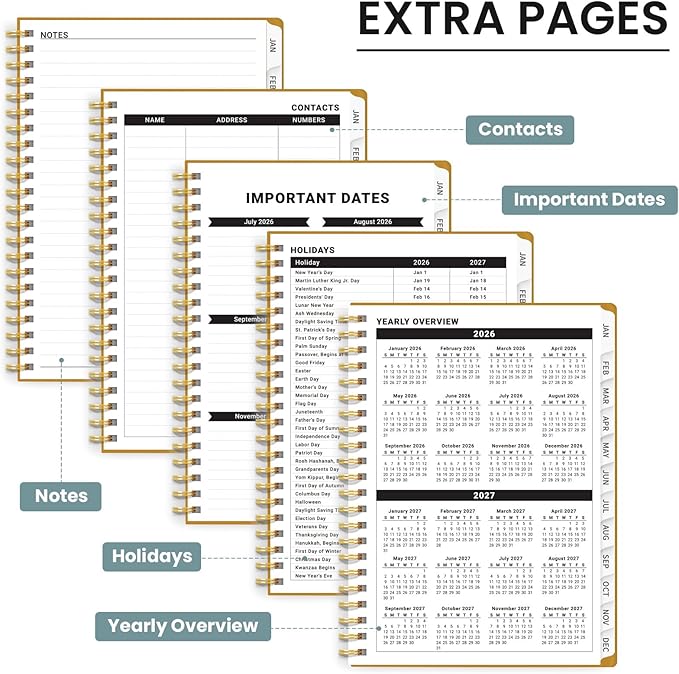 2026 Planner, Weekly and Monthly Planner for Women, Jan 2026 - Dec 2026 Pretty 2026 Calendar Planner with Monthly Tabs, Inner Pocket, Spiral Binding, Perfect for Office Home School - 6.3" x 8.5", Golden Grove