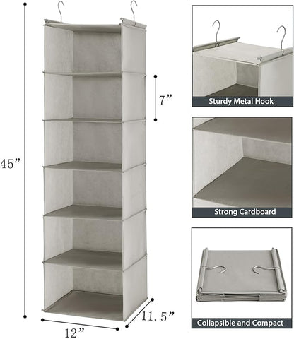 MAX Houser 6 Tier Shelf Hanging Closet Organizer, Closet Hanging Shelf with 2 Sturdy Hooks for Storage, Foldable (Light Grey)