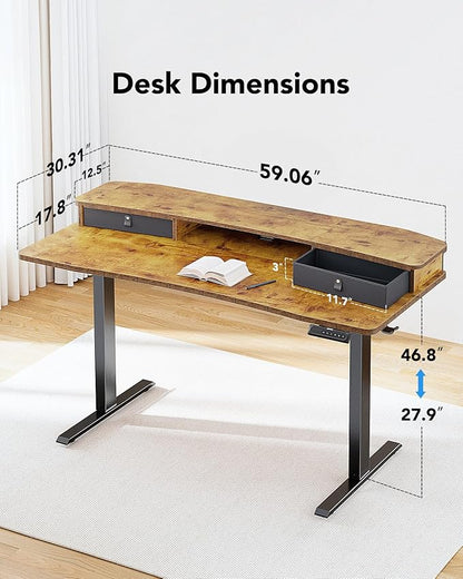 HUANUO 60″ x 30″ Electric Standing Desk with 2 Drawers, C-Clamp Mount Compatible, Height Adjustable Computer Desk, Home Office Stand Up Desk with 4 Preset Heights & 2 Hooks, Vintage Brown