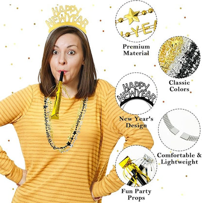 2026 New Years Eve Party Supplies 48 PCS, Happy New Year Decorations Kit - Party Favor Includes Headband, Blowers, Noise Makers & Necklace, NYE Photo Booth Props Accessories Gifts Wearables