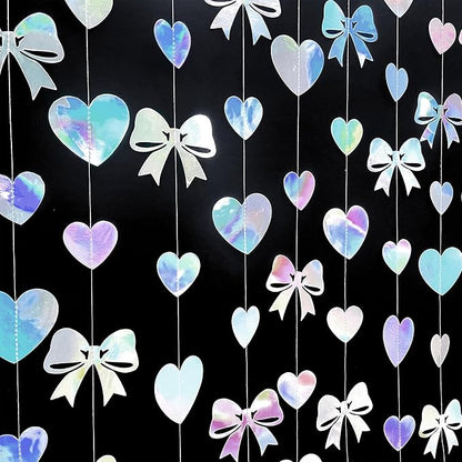 Iridescent Bow Decorations Holographic Paper Heart Bow Hanging Garland Streamer for Coquette Bachelorette Birthday Valentines Wedding Bridal Shower Engagement Anniversary Party Decorations Supplies