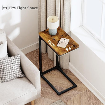QEEIG Narrow C Shaped Side Table Set of 2 Living Room Sets Slim Couch Tray Tables Skinny Thin Small Farmhouse 9.5 inch Width, Rustic Brown (017-24BN)