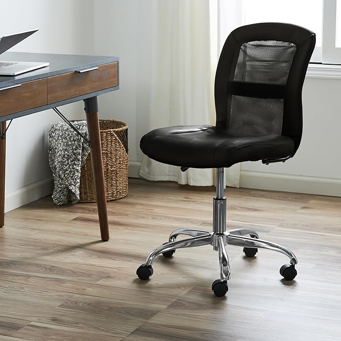 Serta Essential Armless TaskChair, Small Desk Chairs with Wheels, Breathable Mesh Back and Faux Leather, Quality Foam Cushion Seat for Comfort, Minimal Design for Vanity Table, Black