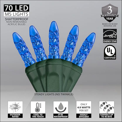 M5 LED Mini Ice Blue Prelamped Light Set, Green Wire - 70 M5 Blue LED Christmas Lights, 4" Spacing