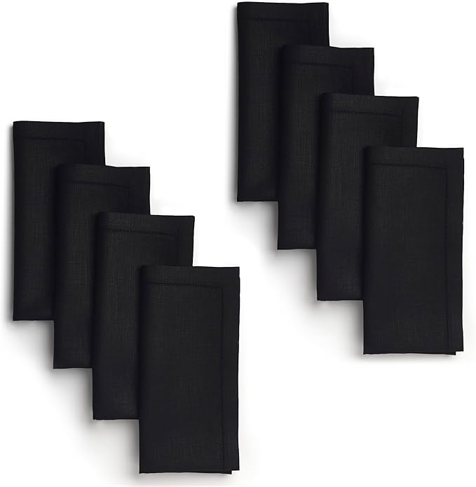 D'Moksha Homes Black Linen Napkins Set of 8 - Classic Hemstitch 100% Pure Linen Hemstitch Dinner Napkins 20 x 20 Inch for Winter, Christmas, Holiday - Handcrafted and Machine Washable