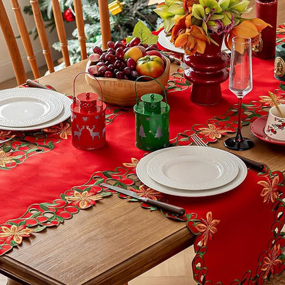 Joyfol Day Christmas Red Flowers Table Runner 14 x 33 Inch, Cutwork Embroidered Florals Table Runners, for Xmas Holiday Winter Festival Kitchen Dining Tabletop Decoration