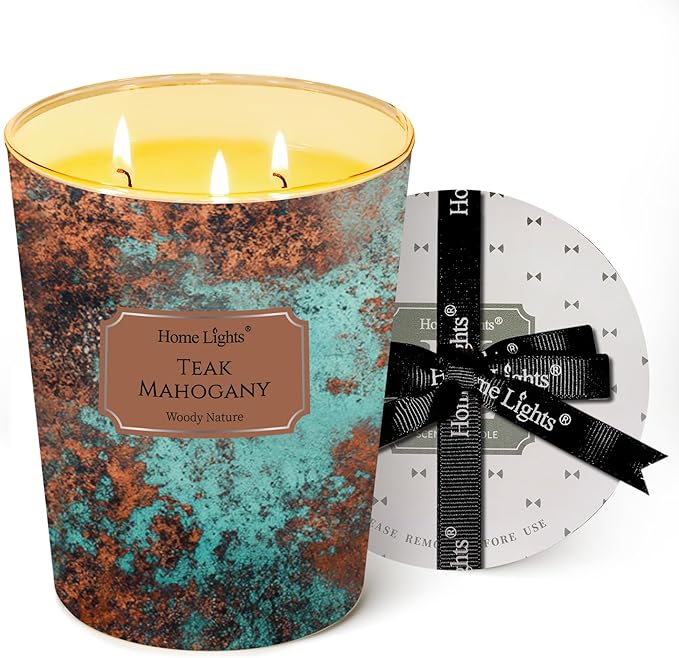 HomeLights Large jar Candle | 3-Wick Long-Lasting Scented Candles, 34oz Natural Soy Wax Candle for Home Scented, Industrial Chic Gifts for Women & Men, Teak Mahogany