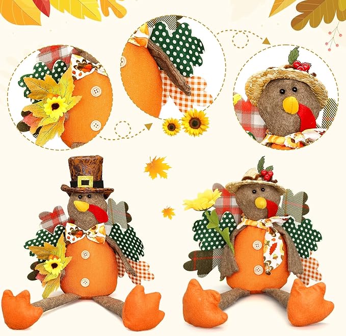 Turkey Decorations Indoor- Thanksgiving Decorations for Home, Office - Stuffed Turkey Animal Plush Doll Figurines - Pilgrim Decor for Autumn, Harvest Tabletop Centerpieces Ornaments Shelf Sitters