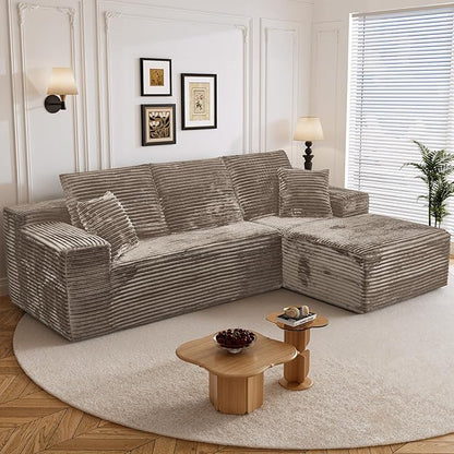 108" L Shaped Boneless Sectional Couches for Living Room, Comfy Corduroy Floor Cloud Sofa with Chaise, Wide Armrest, Deep Seat, Memory Foam, Assembly Free, Ideal for Small Spaces, Brown