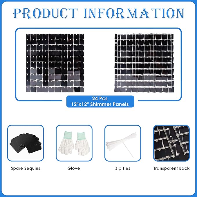 Shimmer Wall Backdrop Black Square Sequin Wall Panel Backdrop Decor for Wedding, Anniversary, Birthday, Party, 24 Panels
