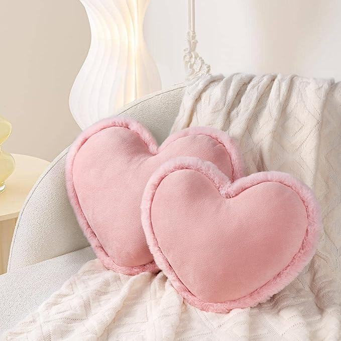 AELS Heart Shaped Pillow, Set of 2, Heart Decorative Throw Pillows, Soft Velvet Love Pillows with Faux Fur Fringe, Cute Pillow 20 & 16 Inches, Valentines Day Decorations, Wedding Decor, Pink