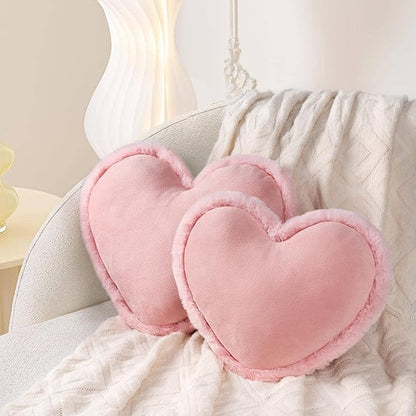 AELS Heart Shaped Pillow, Set of 2, Heart Decorative Throw Pillows, Soft Velvet Love Pillows with Faux Fur Fringe, Cute Pillow 20 & 16 Inches, Valentines Day Decorations, Wedding Decor, Pink