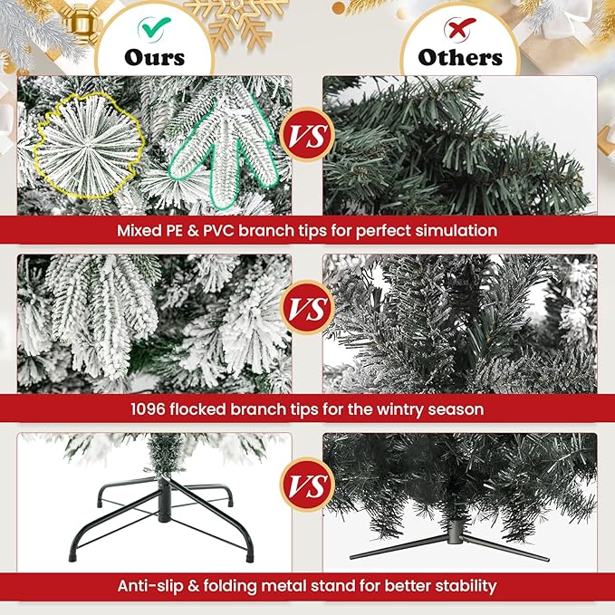 GOFLAME 7 FT Pre-Lit Christmas Tree with Pine Needles, Snow Flocked Christmas Tree with 300 Warm White LED Lights & 1096 Mixed Branch Tips, Hinged Xmas Decoration Tree for Home, Office, Carnival