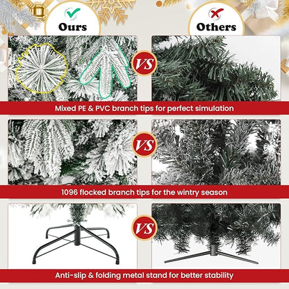 GOFLAME 7 FT Pre-Lit Christmas Tree with Pine Needles, Snow Flocked Christmas Tree with 300 Warm White LED Lights & 1096 Mixed Branch Tips, Hinged Xmas Decoration Tree for Home, Office, Carnival