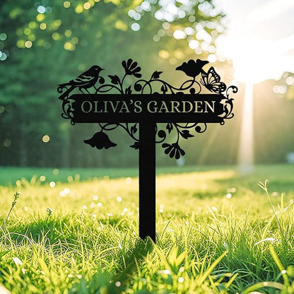 Personalized Garden Sign– Custom Metal Yard Stake with Bird & Butterfly Design, Outdoor Name Plaque for Lawn, Pathway, Flower Bed, Weatherproof Garden Decor, Gift for Gardeners & Housewarming
