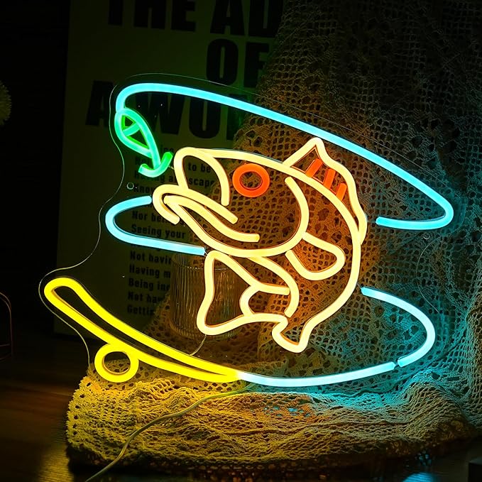 Fishing Neon Sign Dimmable Fish Neon Light for Wall Decor LED USB Powered Fishing Hook Lights for Fishing Gear Store Yacht Man Cave Living Room Boys Gifts(Multicolor 15.7‘’*12.4‘’）