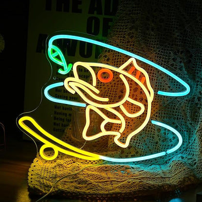 Fishing Neon Sign Dimmable Fish Neon Light for Wall Decor LED USB Powered Fishing Hook Lights for Fishing Gear Store Yacht Man Cave Living Room Boys Gifts(Multicolor 15.7‘’*12.4‘’）