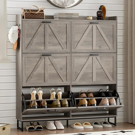 Shoe Cabinet with 6 Flip Drawers Narrow Shoe Storage Cabinet Organizer Wooden Freestanding Shoe Rack Hidden Slim Shoes Storage Cabinet for Entryway, Hallway, Living Room, Bedroom