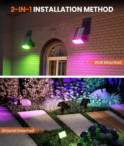 8-Pack Solar Spot Lights Outdoor Multicolor IP65 Waterproof RGB - 6 Colors, 10 Modes, 105° Adjustable 58 LED Flood Lights, Solar Powered Christmas Spotlights for Yard/Garden/Landscape Lighting Outside